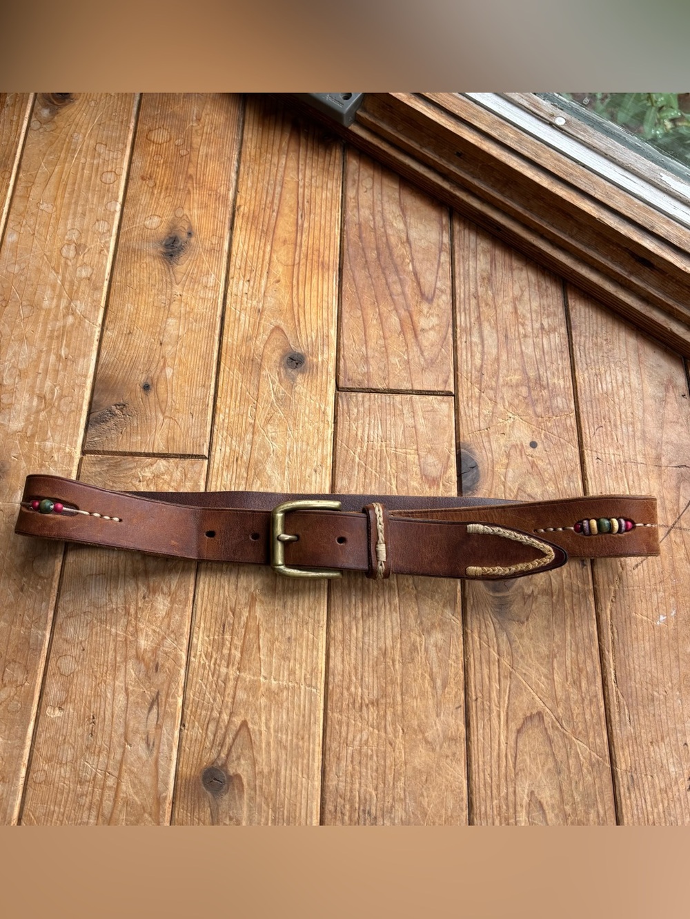 GAP Brown Leather Belt with Beaded Details